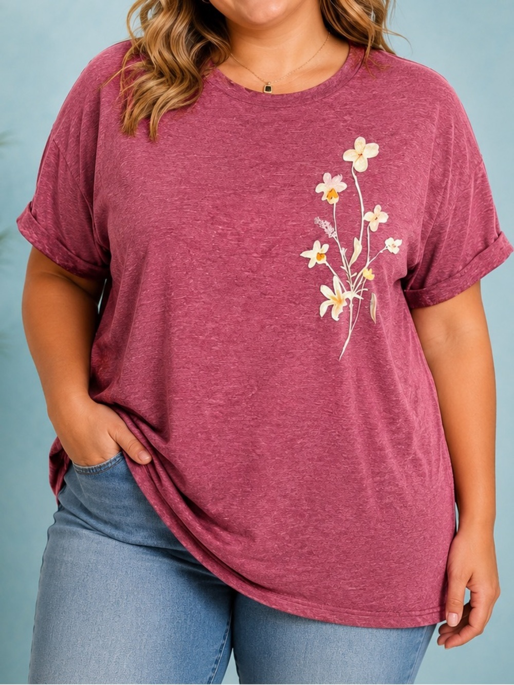 Women's Short Sleeve Floral Tee in Dusty Rose LARGE